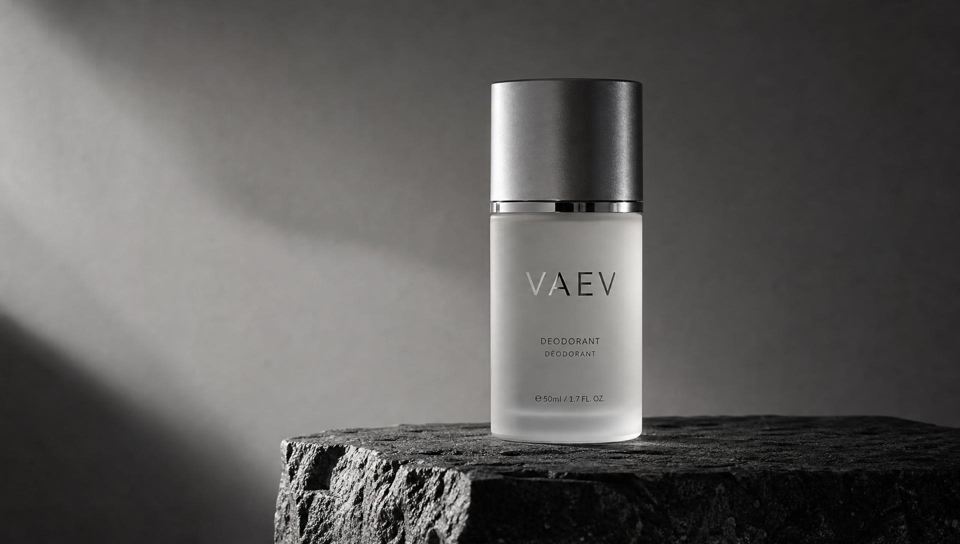 VAEV deodorant bottle resting on textured stone