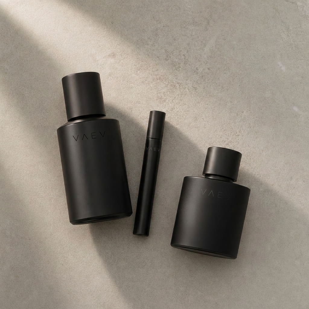 VAEV discovery set — three matte black fragrance objects on concrete