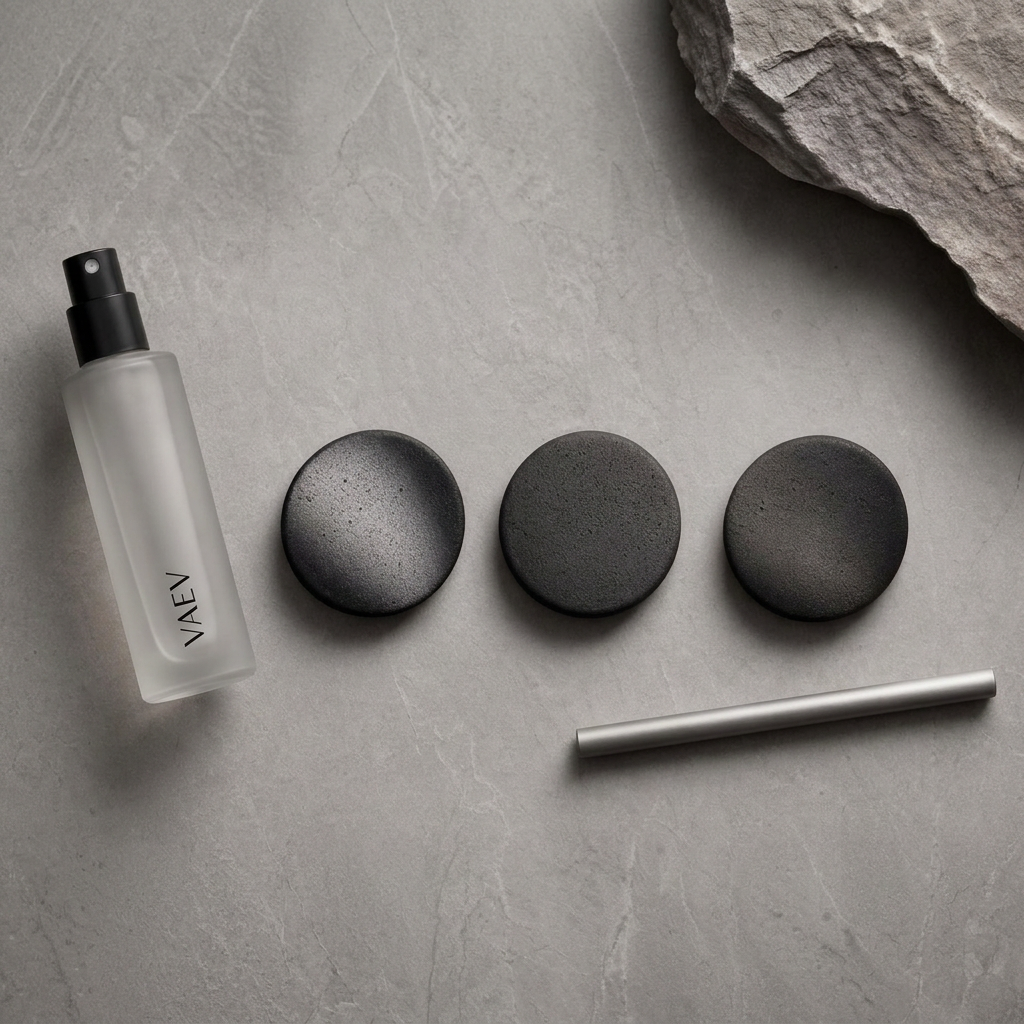 VAEV aluminium-free body mist bottle with VAEV wordmark, three basalt discs, and a scent wand